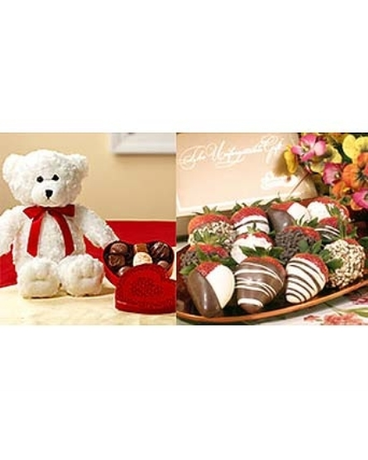 Dozen Chocolate Covered Strawberries & Bear Flower Arrangement