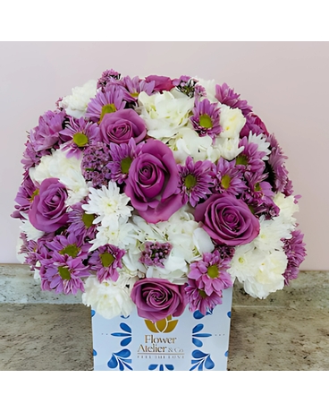 Square Talavera Box W/ Lavender Mix Flower Arrangement