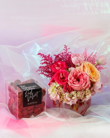 With Red Velvet Cookie Cube size,  inches height and  inches wide.